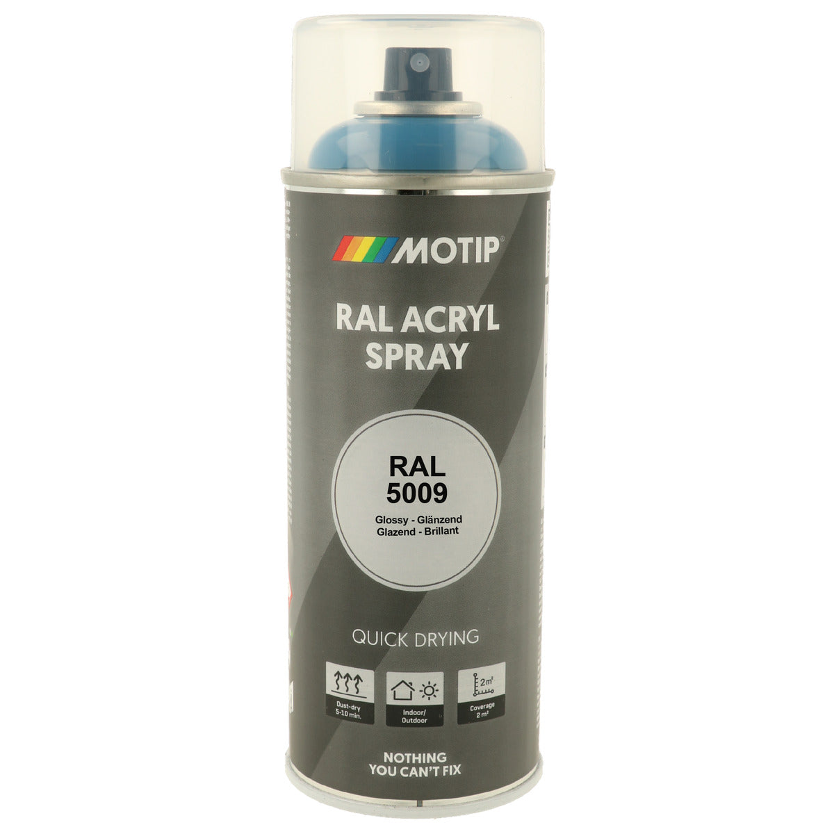 PEINTURE SECHAGE RAPIDE RAL ACRYL RAL5009 BRILLANT AEROSOL 400ML MOTIP