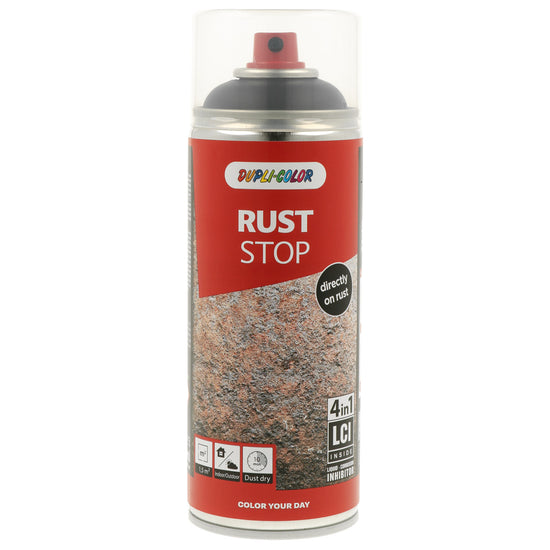 PEINTURE ANTIROUILLE NOIR SATINE 4 EN 1 RUST STOP 400ML DUPLI COLOR