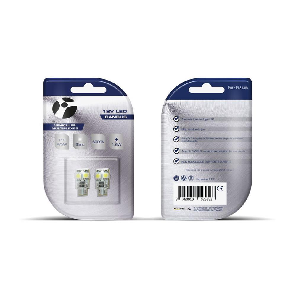 AMPOULES LED X 2   T10 W5W 4LED SMD5050 CANBUS BLANC 12V   1,6W