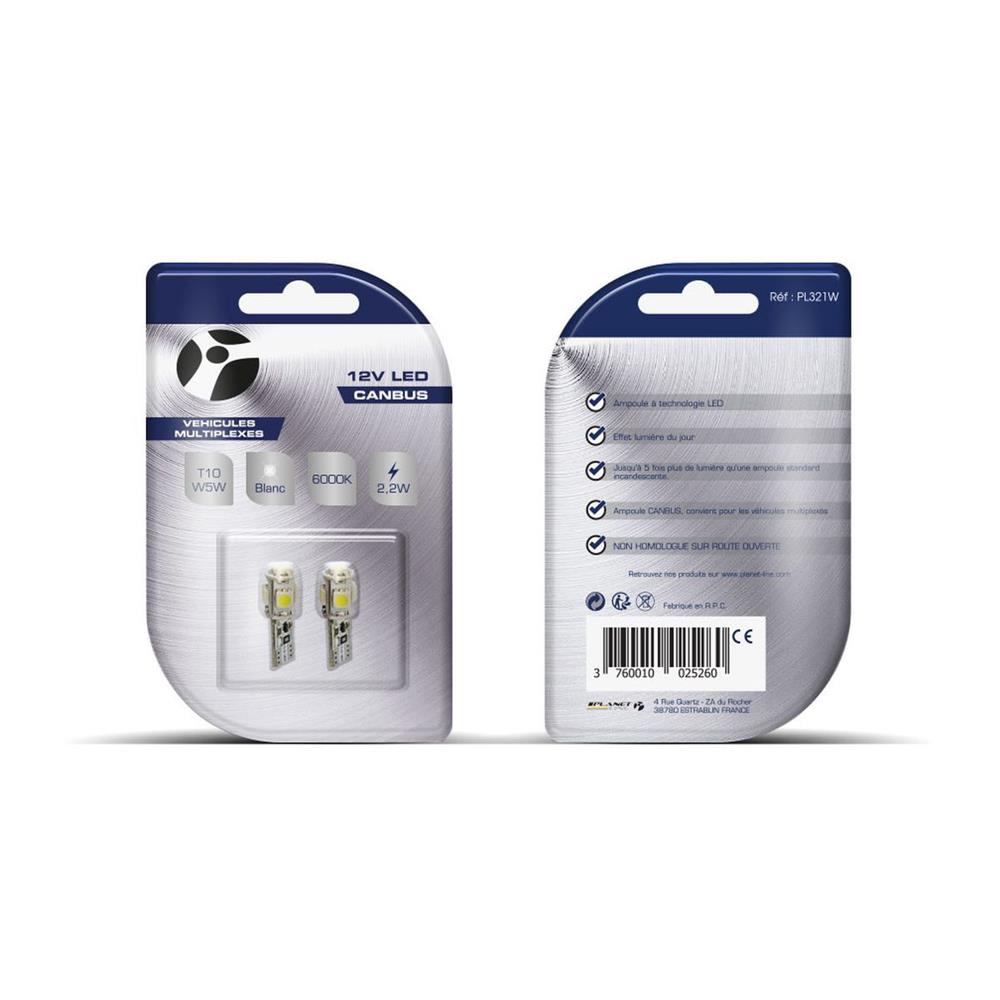 AMPOULES LED X 2   T10 W5W 5LED SMD3528 CANBUS BLANC 12V   2,20W