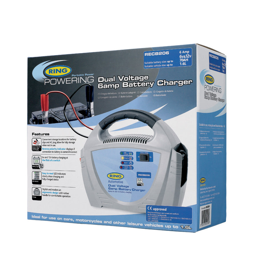 CHARGEUR DE BATTERIE 6A 6/12V (JUSQU'A 1 600CM³) RING