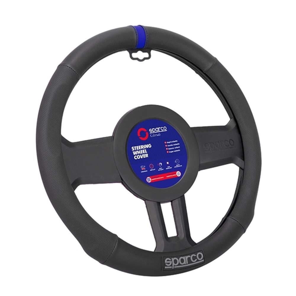 COUVRE VOLANT NOIR AVEC LISERE BLEU SPARCO